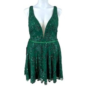 ABBY PARIS 93134 Emerald Sequin Mini Dress 18 Deep V Fit Flare‎ Beaded NWT